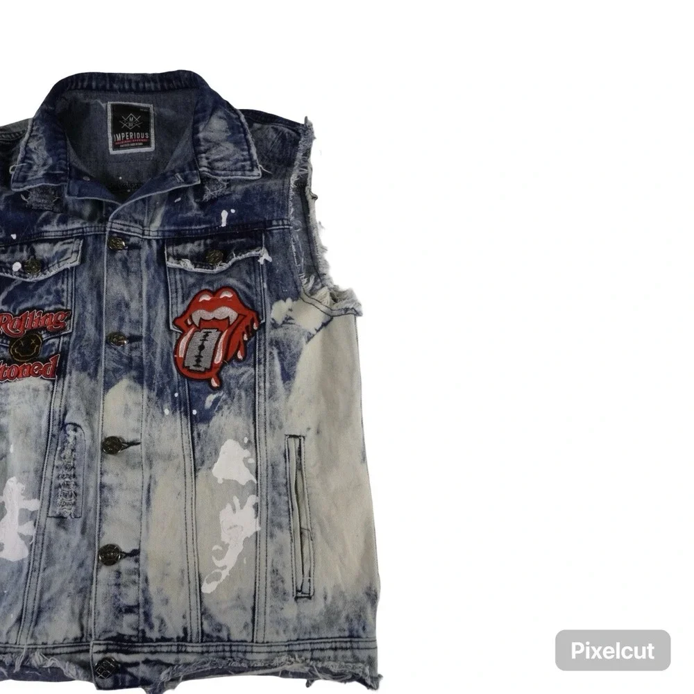 Imperious Denim Vest Men's Large Rolling Stones Patch Acid Wash Distressed Punk‎